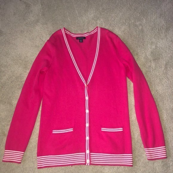 Lands End‎ Size XS 2-4 Cardigan Sweater Pink White - Picture 1 of 12